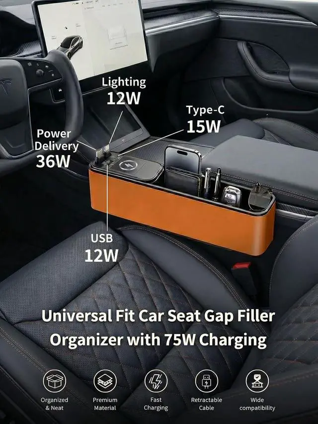 Alt view image 2 of 7 - 75W Retractable Car Charger with Car Seat Gap Filler 4 in1 Fast Charging Car Adapter Built-in 36W PD USB C Cable & Storage Organizer for Phone/Sunglasses/Cards No More Lost Items