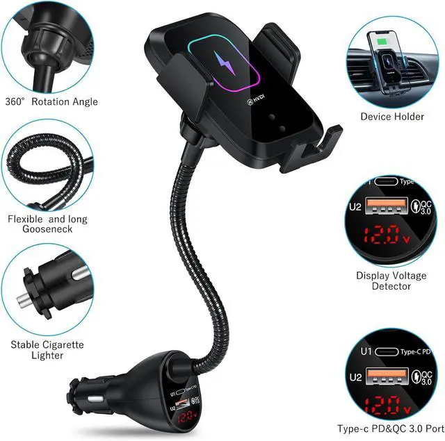 Alt view image 3 of 6 - Wireless Car Charger Mount Car Cigarette Lighter 15W Qi Fast Charging Auto-Clamping Dual QC 3.0 Port Air Vent Car Charger Phone Holder for iPhone 13 Pro Max/12/11/XR/X/8 S21/S20/S10/9/8
