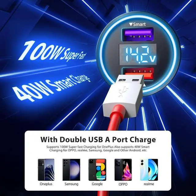 Alt view image 2 of 7 - Car Charger for SuperVooc 100W 80W for OnePlus 13 15 13R 12R 12 11 10 Pro 65W Charger for OnePlus Nord N30 N100 Open Pad 9 Pro 8 7T 6T 6 LED Display Dual USB Car Charge Adapter 3.3FT Fast Cable