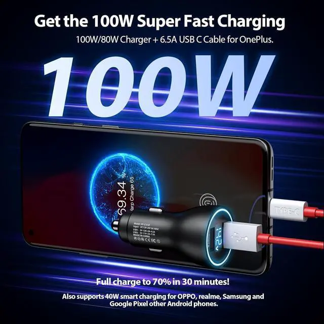 Alt view image 6 of 7 - Car Charger for SuperVooc 100W 80W for OnePlus 13 15 13R 12R 12 11 10 Pro 65W Charger for OnePlus Nord N30 N100 Open Pad 9 Pro 8 7T 6T 6 LED Display Dual USB Car Charge Adapter 3.3FT Fast Cable