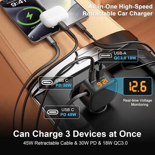Alt view image 3 of 7 - 93W Retractable Car Charger USB C Car Charger Fast Charging with PD PPS & QC 3.0 Multi Port Cigarette Lighter Adapter with Voltmeter for iPhone 17 16 15 Pro Max S26/S25 iPad Pixel