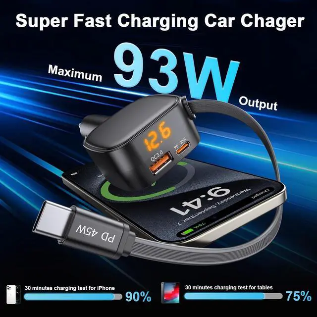 Alt view image 2 of 7 - 93W Retractable Car Charger USB C Car Charger Fast Charging with PD PPS & QC 3.0 Multi Port Cigarette Lighter Adapter with Voltmeter for iPhone 17 16 15 Pro Max S26/S25 iPad Pixel