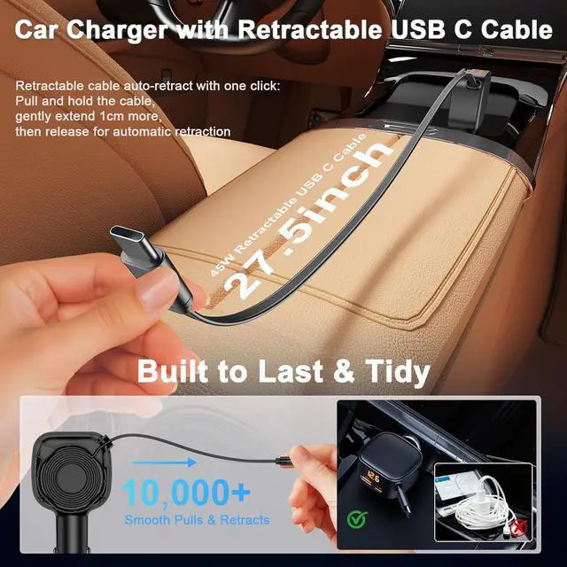 Alt view image 4 of 7 - 93W Retractable Car Charger USB C Car Charger Fast Charging with PD PPS & QC 3.0 Multi Port Cigarette Lighter Adapter with Voltmeter for iPhone 17 16 15 Pro Max S26/S25 iPad Pixel