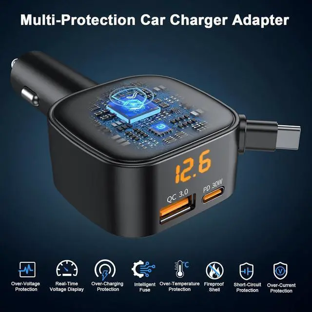 Alt view image 5 of 7 - 93W Retractable Car Charger USB C Car Charger Fast Charging with PD PPS & QC 3.0 Multi Port Cigarette Lighter Adapter with Voltmeter for iPhone 17 16 15 Pro Max S26/S25 iPad Pixel