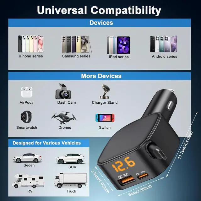 Alt view image 7 of 7 - 93W Retractable Car Charger USB C Car Charger Fast Charging with PD PPS & QC 3.0 Multi Port Cigarette Lighter Adapter with Voltmeter for iPhone 17 16 15 Pro Max S26/S25 iPad Pixel