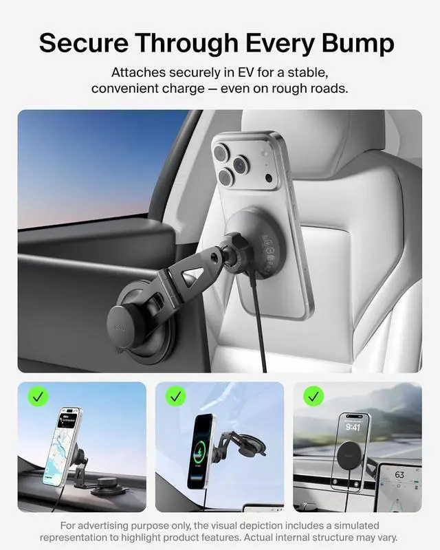 Alt view image 3 of 7 - Tesla Phone Mount Magnetic Wireless Car Mount for EV (Strong Magnet) w/ 3.3ft USB C Cable Qi2 MagSafe Compatible Fast Charging for iPhone 17/16/15 Model 3 Model Y etc. - Tesla Accessories