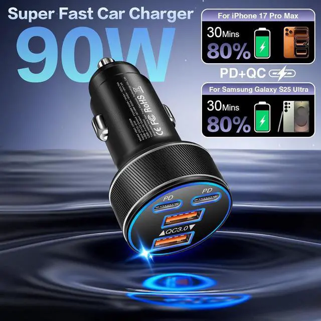 Alt view image 2 of 7 - USB C Car Charger Multi Port 90W Super Fast Charging Cigarette Lighter Adapter 4-in-1 Dual USB-C & USB-A Car Phone Power Adapter for iPhone 17/16/15/Pro Max iPad Galaxy S25 (Black 5-Pack)