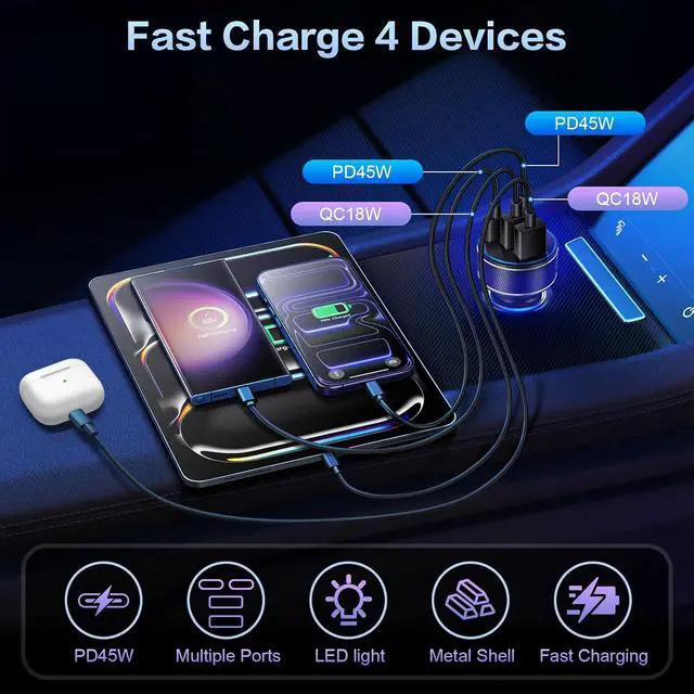 Alt view image 3 of 7 - USB C Car Charger Multi Port 90W Super Fast Charging Cigarette Lighter Adapter 4-in-1 Dual USB-C & USB-A Car Phone Power Adapter for iPhone 17/16/15/Pro Max iPad Galaxy S25 (Black 5-Pack)