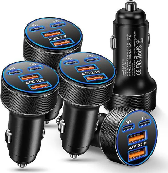 Main image of USB C Car Charger Multi Port 90W Super Fast Charging Cigarette Lighter Adapter 4-in-1 Dual USB-C & USB-A Car Phone Power Adapter for iPhone 17/16/15/Pro Max iPad Galaxy S25 (Black 5-Pack)