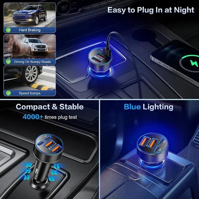 Alt view image 6 of 7 - USB C Car Charger Multi Port 90W Super Fast Charging Cigarette Lighter Adapter 4-in-1 Dual USB-C & USB-A Car Phone Power Adapter for iPhone 17/16/15/Pro Max iPad Galaxy S25 (Black 5-Pack)