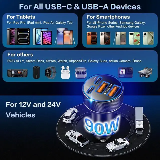 Alt view image 7 of 7 - USB C Car Charger Multi Port 90W Super Fast Charging Cigarette Lighter Adapter 4-in-1 Dual USB-C & USB-A Car Phone Power Adapter for iPhone 17/16/15/Pro Max iPad Galaxy S25 (Black 5-Pack)