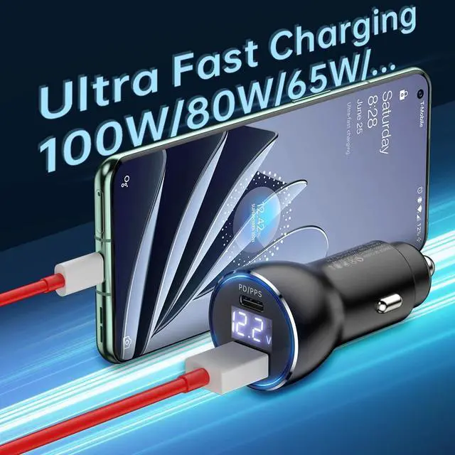 Alt view image 2 of 7 - for One Plus Car Charger Super 100W 80W 65W Charge for OnePlus 15 15R 13 12 13R 12R 11 10 Pro 9 10T 8T 8 7T 7 Open Pad Nord CE 3 4 N20 N100 N300 25W PD Fast Charger for iPhone 2Pack Cable