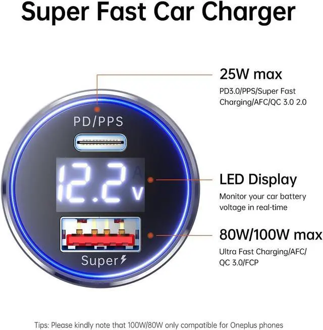 Alt view image 3 of 7 - for One Plus Car Charger Super 100W 80W 65W Charge for OnePlus 15 15R 13 12 13R 12R 11 10 Pro 9 10T 8T 8 7T 7 Open Pad Nord CE 3 4 N20 N100 N300 25W PD Fast Charger for iPhone 2Pack Cable