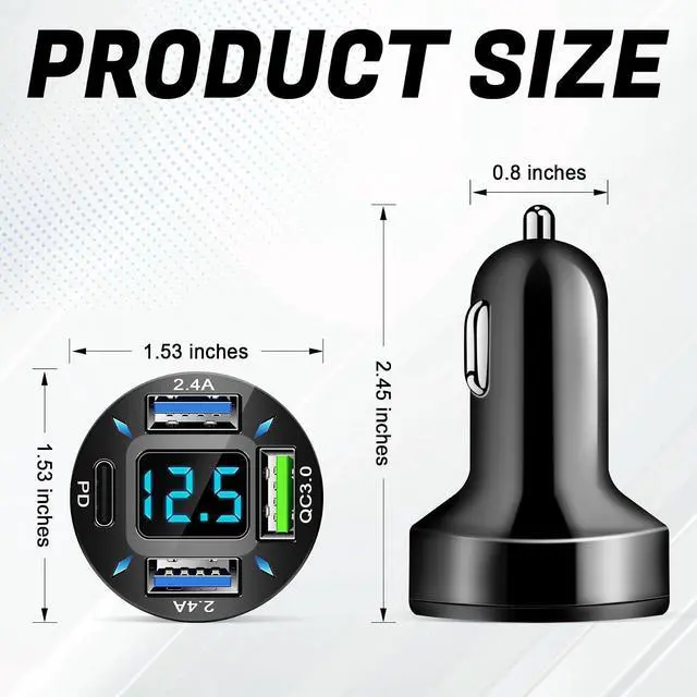 Alt view image 2 of 6 - 4-Port Car Charger 12-24V Cigarette Lighter Adapter with 3 USB & 1 USB-C Port Supports QC/PD Fast Charging Features Digital Display and LED Lights Fits iPhone Fits and More Phones