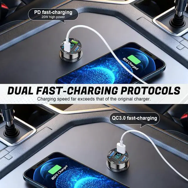 Alt view image 3 of 6 - 4-Port Car Charger 12-24V Cigarette Lighter Adapter with 3 USB & 1 USB-C Port Supports QC/PD Fast Charging Features Digital Display and LED Lights Fits iPhone Fits and More Phones