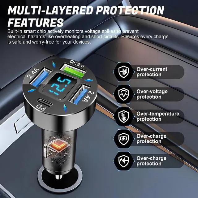 Alt view image 4 of 6 - 4-Port Car Charger 12-24V Cigarette Lighter Adapter with 3 USB & 1 USB-C Port Supports QC/PD Fast Charging Features Digital Display and LED Lights Fits iPhone Fits and More Phones
