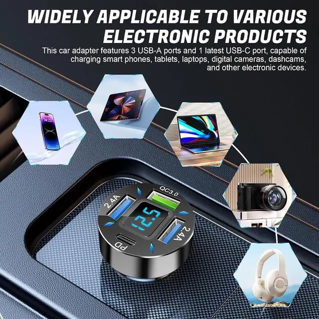 Alt view image 5 of 6 - 4-Port Car Charger 12-24V Cigarette Lighter Adapter with 3 USB & 1 USB-C Port Supports QC/PD Fast Charging Features Digital Display and LED Lights Fits iPhone Fits and More Phones