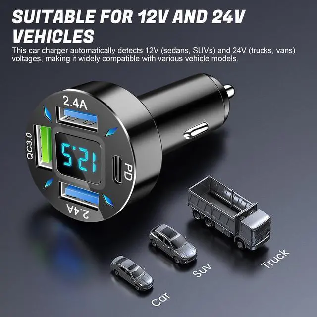 Alt view image 6 of 6 - 4-Port Car Charger 12-24V Cigarette Lighter Adapter with 3 USB & 1 USB-C Port Supports QC/PD Fast Charging Features Digital Display and LED Lights Fits iPhone Fits and More Phones