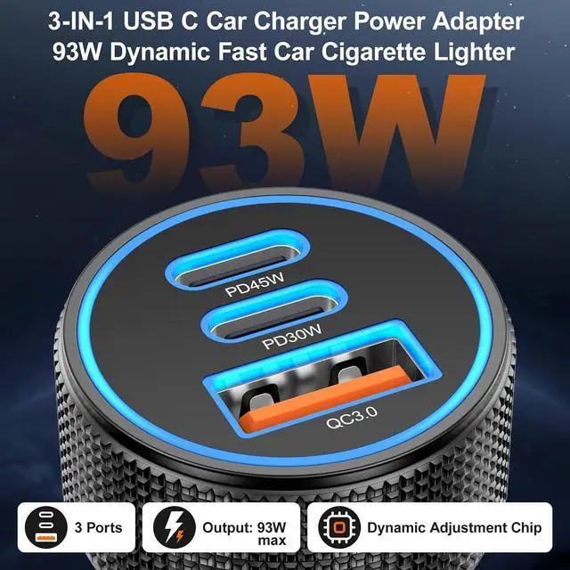 Alt view image 2 of 7 - 93W USB C Car Charger 3-Port PD45W+30W Super Fast Charging Car Charger 12v Cigarette Lighter USB Charger Adapter + 6FT Type C Cord for Galaxy S26 S25 S24 A16 iPhone 17 16 15 Pro 2-Pack