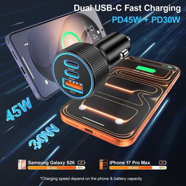 Alt view image 3 of 7 - 93W USB C Car Charger 3-Port PD45W+30W Super Fast Charging Car Charger 12v Cigarette Lighter USB Charger Adapter + 6FT Type C Cord for Galaxy S26 S25 S24 A16 iPhone 17 16 15 Pro 2-Pack