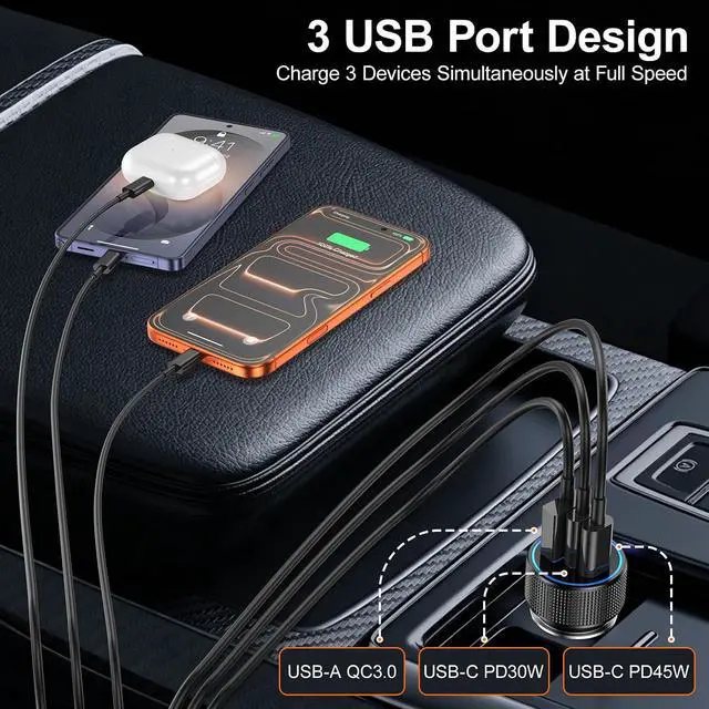 Alt view image 4 of 7 - 93W USB C Car Charger 3-Port PD45W+30W Super Fast Charging Car Charger 12v Cigarette Lighter USB Charger Adapter + 6FT Type C Cord for Galaxy S26 S25 S24 A16 iPhone 17 16 15 Pro 2-Pack