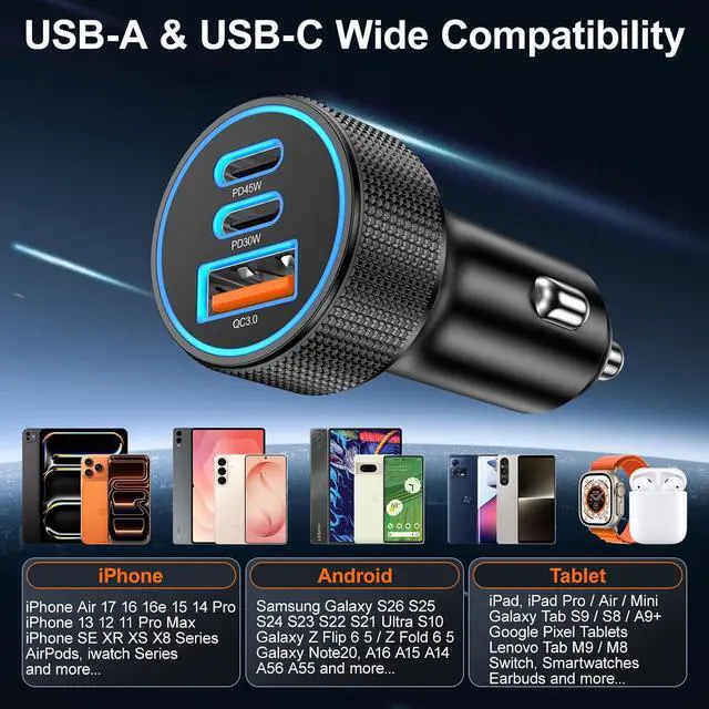 Alt view image 7 of 7 - 93W USB C Car Charger 3-Port PD45W+30W Super Fast Charging Car Charger 12v Cigarette Lighter USB Charger Adapter + 6FT Type C Cord for Galaxy S26 S25 S24 A16 iPhone 17 16 15 Pro 2-Pack