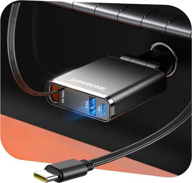 Main image of Retractable Car Charge 63W Car Charger USB C Fast Charge Ultra-Compact | 70% Thinner Retractable Design 36W PD3.0 for iPhone 17 16 15 3-Port Charger Block 180° Adjustable Plug for Any Vehicle
