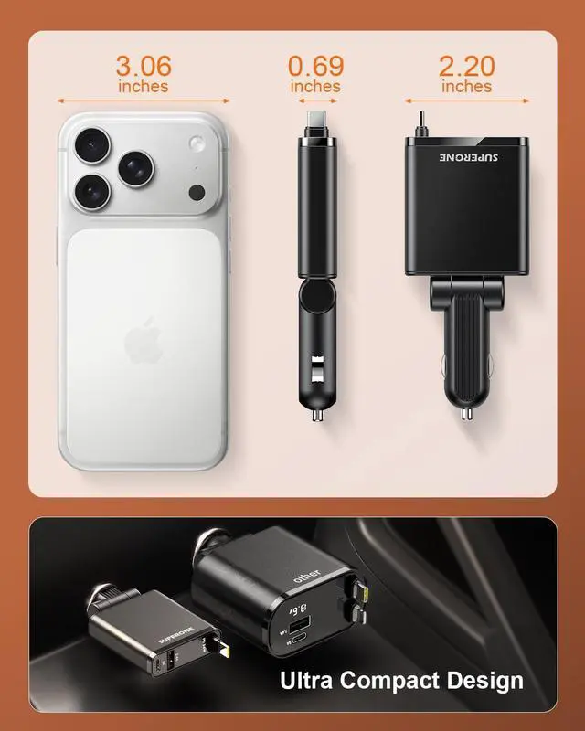 Alt view image 3 of 7 - Retractable Car Charge 63W Car Charger USB C Fast Charge Ultra-Compact | 70% Thinner Retractable Design 36W PD3.0 for iPhone 17 16 15 3-Port Charger Block 180° Adjustable Plug for Any Vehicle