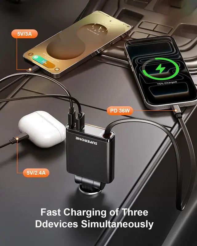 Alt view image 4 of 7 - Retractable Car Charge 63W Car Charger USB C Fast Charge Ultra-Compact | 70% Thinner Retractable Design 36W PD3.0 for iPhone 17 16 15 3-Port Charger Block 180° Adjustable Plug for Any Vehicle