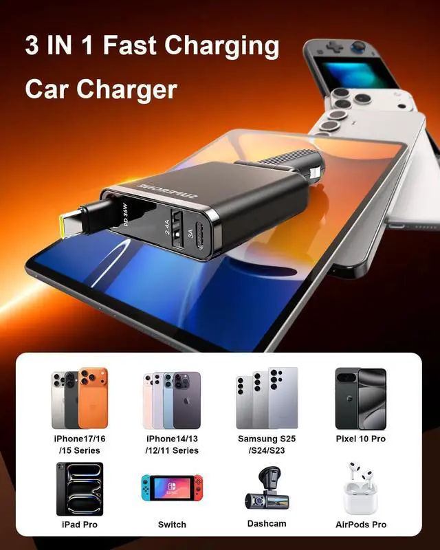 Alt view image 7 of 7 - Retractable Car Charge 63W Car Charger USB C Fast Charge Ultra-Compact | 70% Thinner Retractable Design 36W PD3.0 for iPhone 17 16 15 3-Port Charger Block 180° Adjustable Plug for Any Vehicle