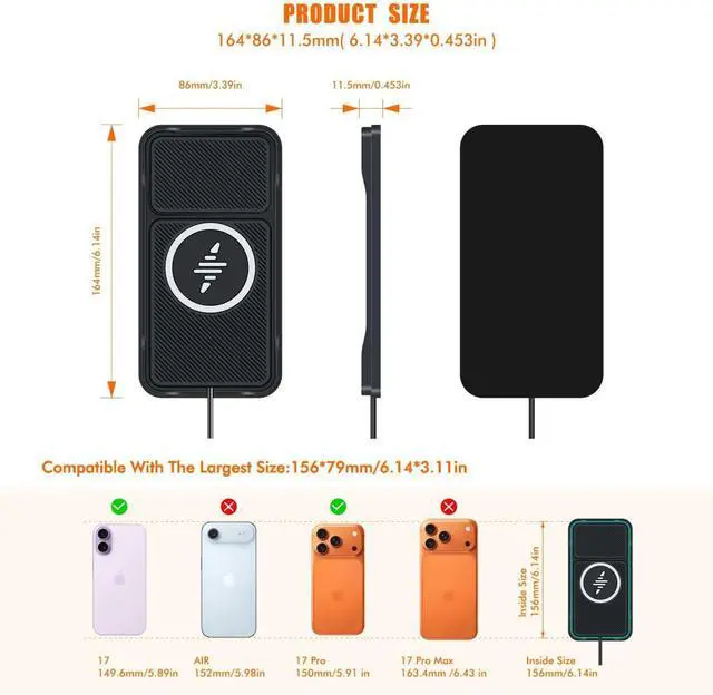 Alt view image 3 of 7 - Wireless Car Charger Pad for iPhone17/16/15/14/13/12 Non Slip Fast Wireless Charging Pad for Car Dashboard Console Portable USB A Wireless Phone Charger for Vehicle Travel Office