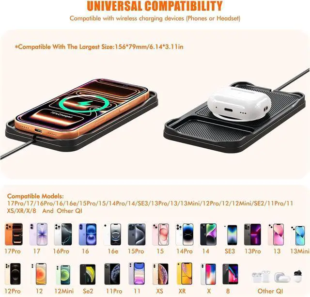 Alt view image 6 of 7 - Wireless Car Charger Pad for iPhone17/16/15/14/13/12 Non Slip Fast Wireless Charging Pad for Car Dashboard Console Portable USB A Wireless Phone Charger for Vehicle Travel Office