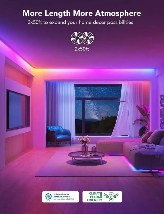Alt view image 2 of 7 - 100ft RGBIC LED Strip Lights Smart LED Lights Work with Alexa and Google Assistant LED Lights for Bedroom WiFi App Control Segmented DIY Multiple Colors Color Changing Light (2 x 50ft)