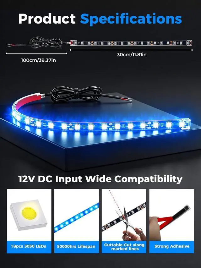 Alt view image 6 of 6 - Car LED Strip Lights IP68 Waterproof Cuttable 12inch Blue 4 Pcs | 12V Footwell & Underbody Lights 18pcs 5050 SMD interior & exterior light fits SUVs trucks motorcycles boats golf carts