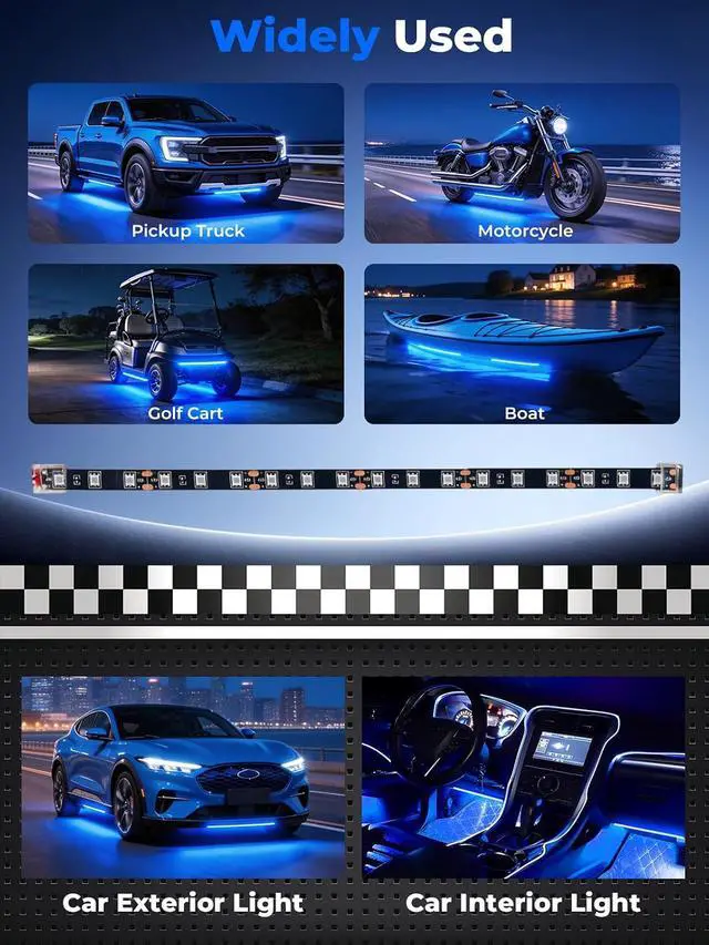 Alt view image 3 of 6 - Car LED Strip Lights IP68 Waterproof Cuttable 12inch Blue 4 Pcs | 12V Footwell & Underbody Lights 18pcs 5050 SMD interior & exterior light fits SUVs trucks motorcycles boats golf carts