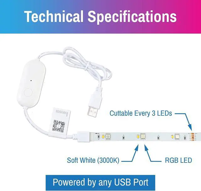 Alt view image 3 of 7 - Smart LED Strip Lights - App Controlled USB Tape Light with WiFi Light Control - RGB+3000K Tunable 5VDC USB Smart Light 12.3 ft