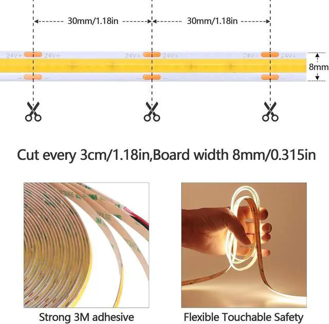 Alt view image 2 of 7 - 49.2ft/15M DC 24V COB LED Strip Light Warm White 3000K 5760LEDs CRI 93+ 11000lm Uniform Glow IP20 Not Waterproof Flexible LED Tape Lights for DIY Cabinet Bedroom Home Decor(No Power Supply)