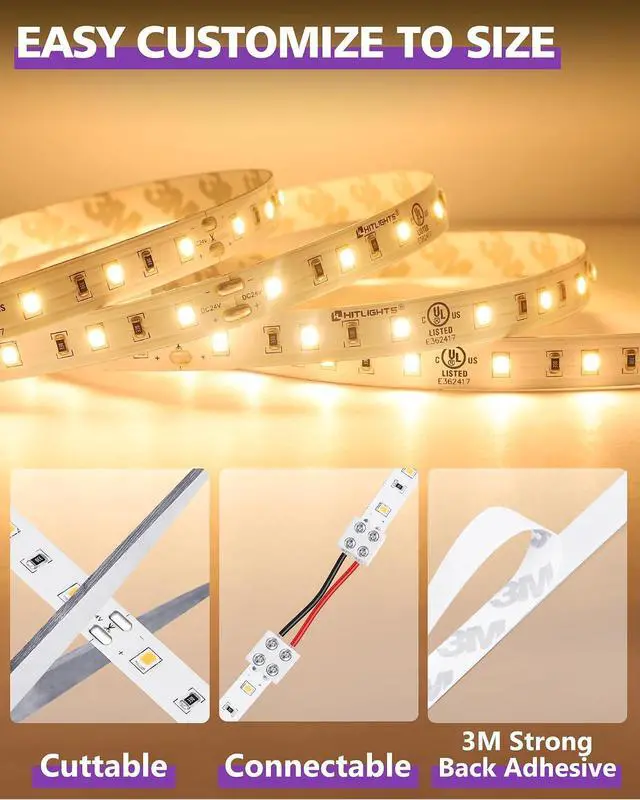 Alt view image 6 of 7 - 24V LED Strip Lights Warm White 2700K 26.2ft Cuttable Tape Backed 3oz PCB UL Listed 1325 Lumen/m CRI>95 IP20 Lighting for Bedroom Kitchen Under Cabinets (Power Source Not Included)