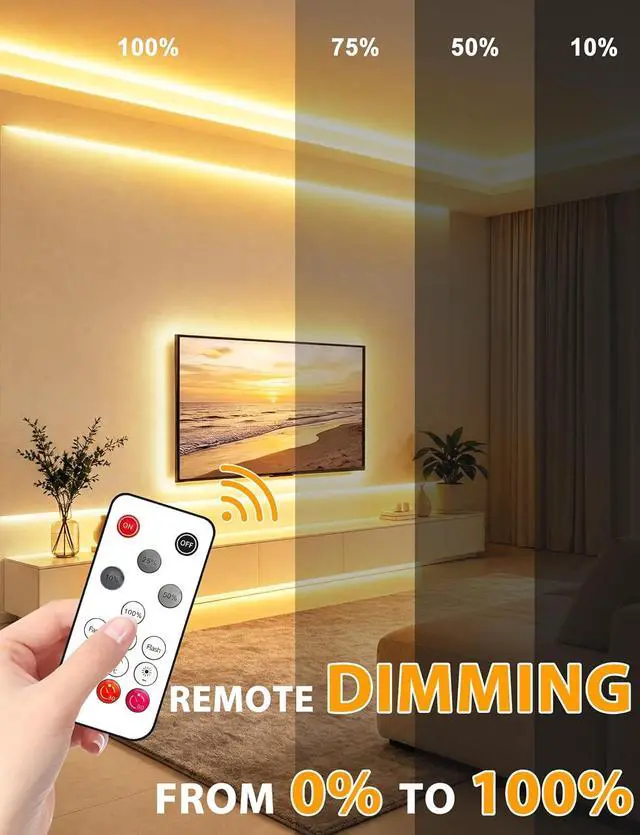 Alt view image 2 of 7 - COB LED Strip Lights 9.84Ft Warm White Dimmable Self-Adhesive Led Rope Light with Remote Waterproof Cuttable 24V Flexible Neon Under Cabinet Tape Lighting for Bedroom Kitchen TV 10 mm Width