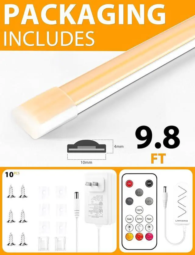 Alt view image 6 of 7 - COB LED Strip Lights 9.84Ft Warm White Dimmable Self-Adhesive Led Rope Light with Remote Waterproof Cuttable 24V Flexible Neon Under Cabinet Tape Lighting for Bedroom Kitchen TV 10 mm Width