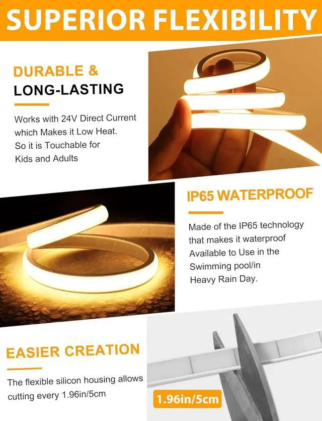 Alt view image 5 of 7 - COB LED Strip Lights 9.84Ft Warm White Dimmable Self-Adhesive Led Rope Light with Remote Waterproof Cuttable 24V Flexible Neon Under Cabinet Tape Lighting for Bedroom Kitchen TV 10 mm Width
