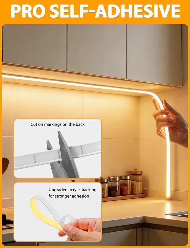 Alt view image 4 of 7 - COB LED Strip Lights 9.84Ft Warm White Dimmable Self-Adhesive Led Rope Light with Remote Waterproof Cuttable 24V Flexible Neon Under Cabinet Tape Lighting for Bedroom Kitchen TV 10 mm Width