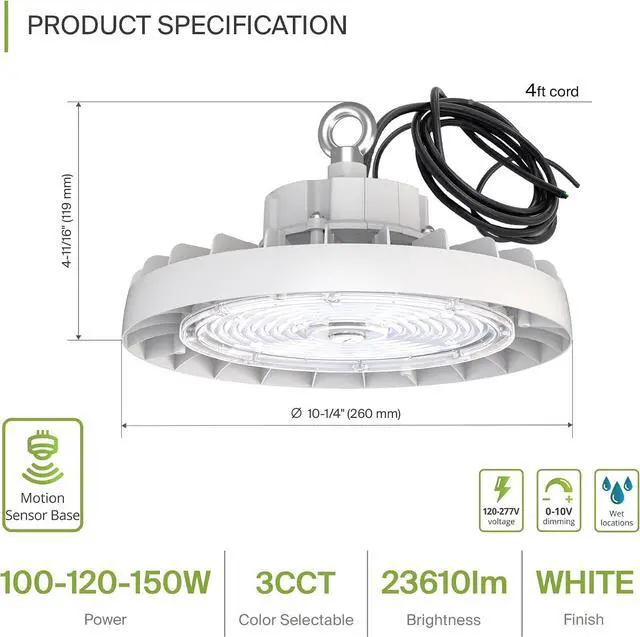 Alt view image 2 of 7 - 150W LED High Bay UFO Lighting Commercial Shop Ceiling Light ?3CCT Dimmable IP69K Waterproof ?23600LM 3000-5000K 120-277V DLC Premium & UL Listed ?for Warehouse Garage Workshop ?White