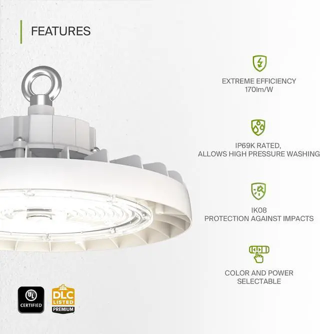 Alt view image 3 of 7 - 150W LED High Bay UFO Lighting Commercial Shop Ceiling Light ?3CCT Dimmable IP69K Waterproof ?23600LM 3000-5000K 120-277V DLC Premium & UL Listed ?for Warehouse Garage Workshop ?White