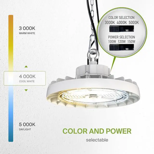 Alt view image 4 of 7 - 150W LED High Bay UFO Lighting Commercial Shop Ceiling Light ?3CCT Dimmable IP69K Waterproof ?23600LM 3000-5000K 120-277V DLC Premium & UL Listed ?for Warehouse Garage Workshop ?White