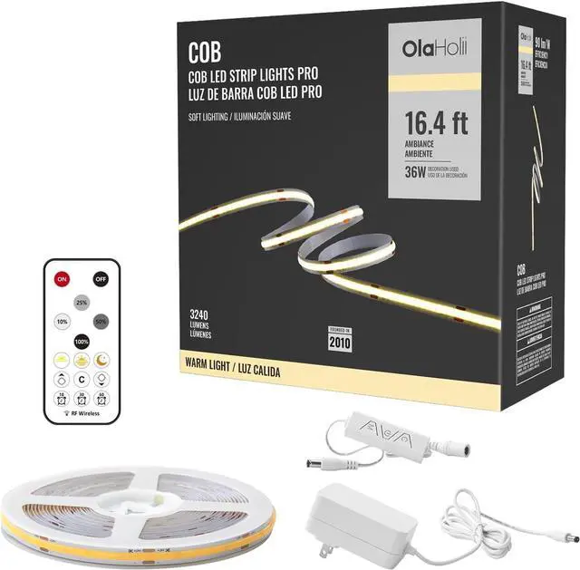 Main image of 16.4ft COB LED Strip Light with Remote 3000K Ra93+ Dimmable Bright Warm White Led COB Strip Light White Continuous Led Strip Light for Mirror Stair Cabinet Room