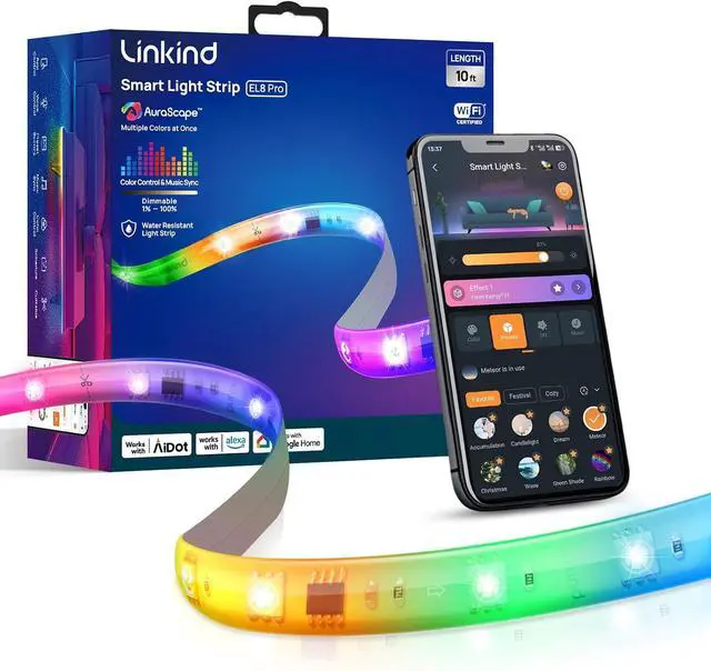 Main image of 10ft Smart LED Strip Lights - AuraScape Segmented Color Changing WiFi Light Strip - Compatible with Alexa & Google Home - DIY Dynamic Lighting for Bedroom Living Room Gaming Setup & Kitchen