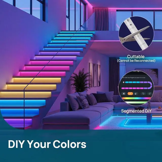 Alt view image 5 of 7 - 10ft Smart LED Strip Lights - AuraScape Segmented Color Changing WiFi Light Strip - Compatible with Alexa & Google Home - DIY Dynamic Lighting for Bedroom Living Room Gaming Setup & Kitchen