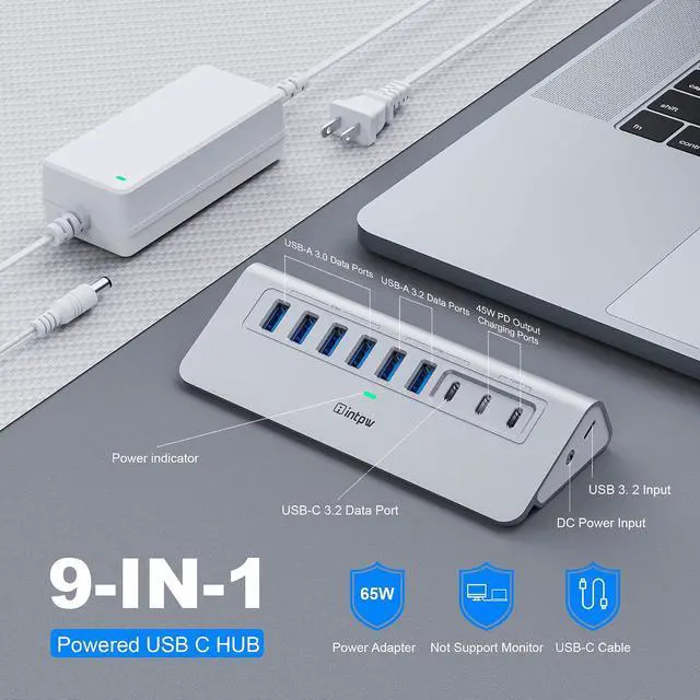 Alt view image 2 of 7 - Powered USB Hub 10Gbps 9-Port USB 3.2 Hub USB C Hub with USB A/USB C 3.2 4 USB 3.0 2 PD 45W Charging Ports 65W Power Adapter and 3.3FT Cable Aluminum USB Hub for PC Laptop iPhone 17/16/15