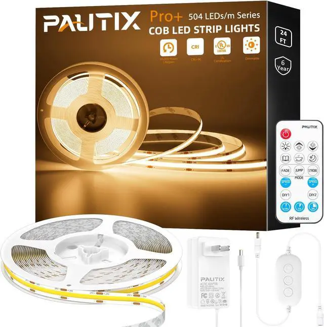 Main image of COB LED Strip Light 3780LEDs Super Bright 8000 Lumen 3000K Warm White 24ft/7.5m Dimmable 24V LED Tape Light with 3M Tape RF Remote with Timer Function 48W Adapter for Bedroom Home Kitchen DIY